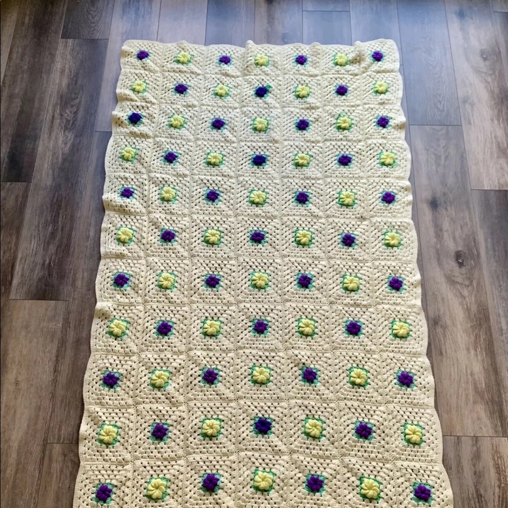 Vintage Granny Square Crochet Afghan Blanket Purple & Yellow 3D Flowers 79”x43”